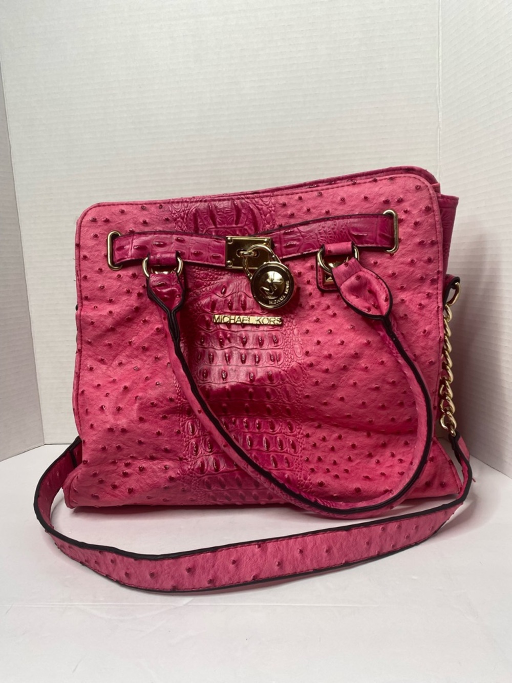 Michael Kors Bright Pink Ostrich-Effect Leather Tote with Gold Hardware
